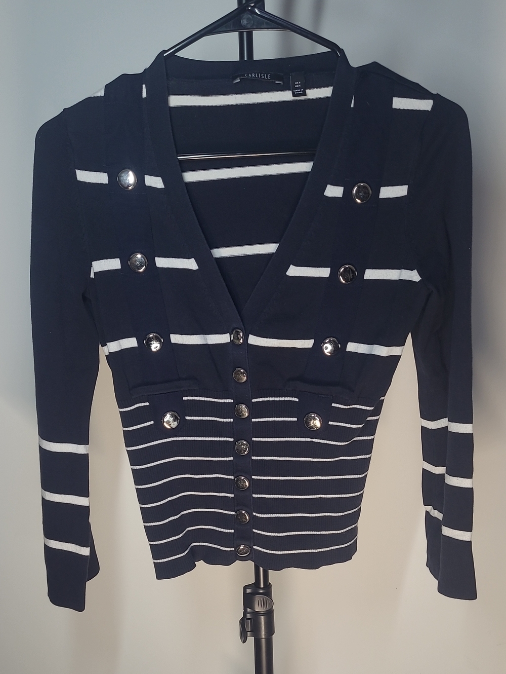 Carlisle Navy and White Striped Double-Breasted V-Neck Sweater Silver Buttons S